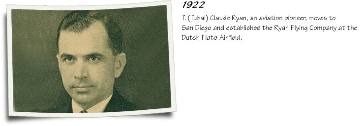 1922 – T. (Tubal) Claude Ryan, an aviation pioneer, moves to San Diego and establishes the Ryan Flying Company at the Dutch Flats Airfield.